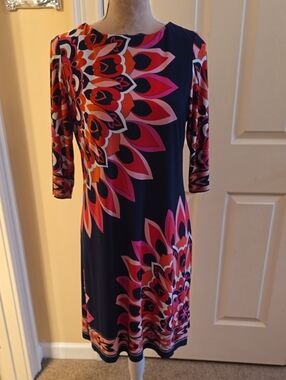 Established 1952 Sz 12 Navy Long-Sleeve Midi Dress W/ Pink & Red Floral Print